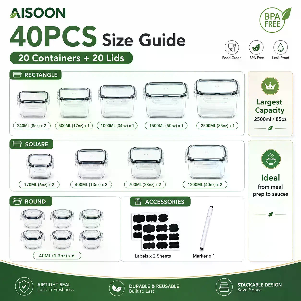 Juego de 40 Recipientes de Alm - Food Storage Meals reseña y precio